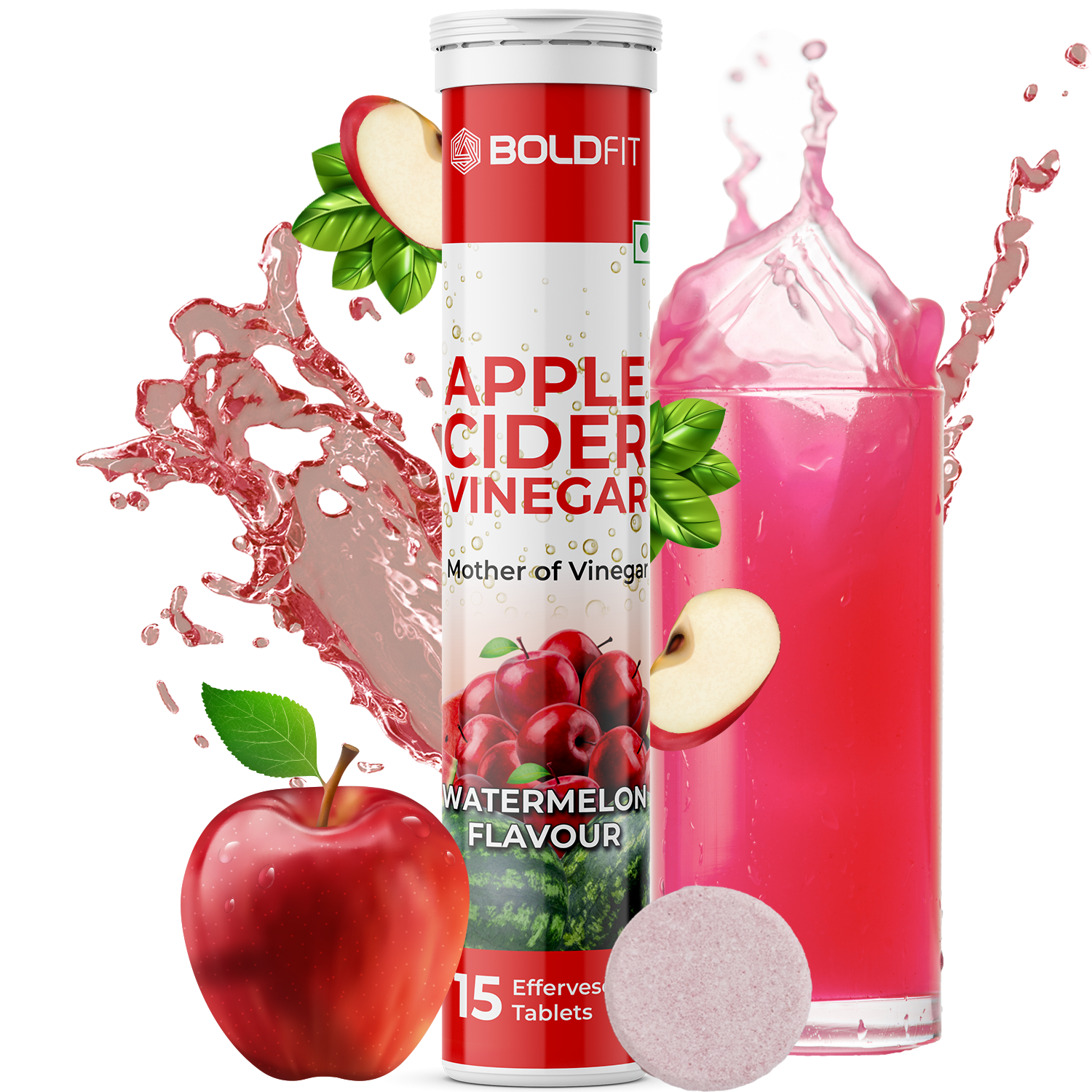 Apple Cider Vinegar - Pack Of 15 Effervescent Tablets for Immunity, Digestion, ACV Tablets With Watermelon Flavor