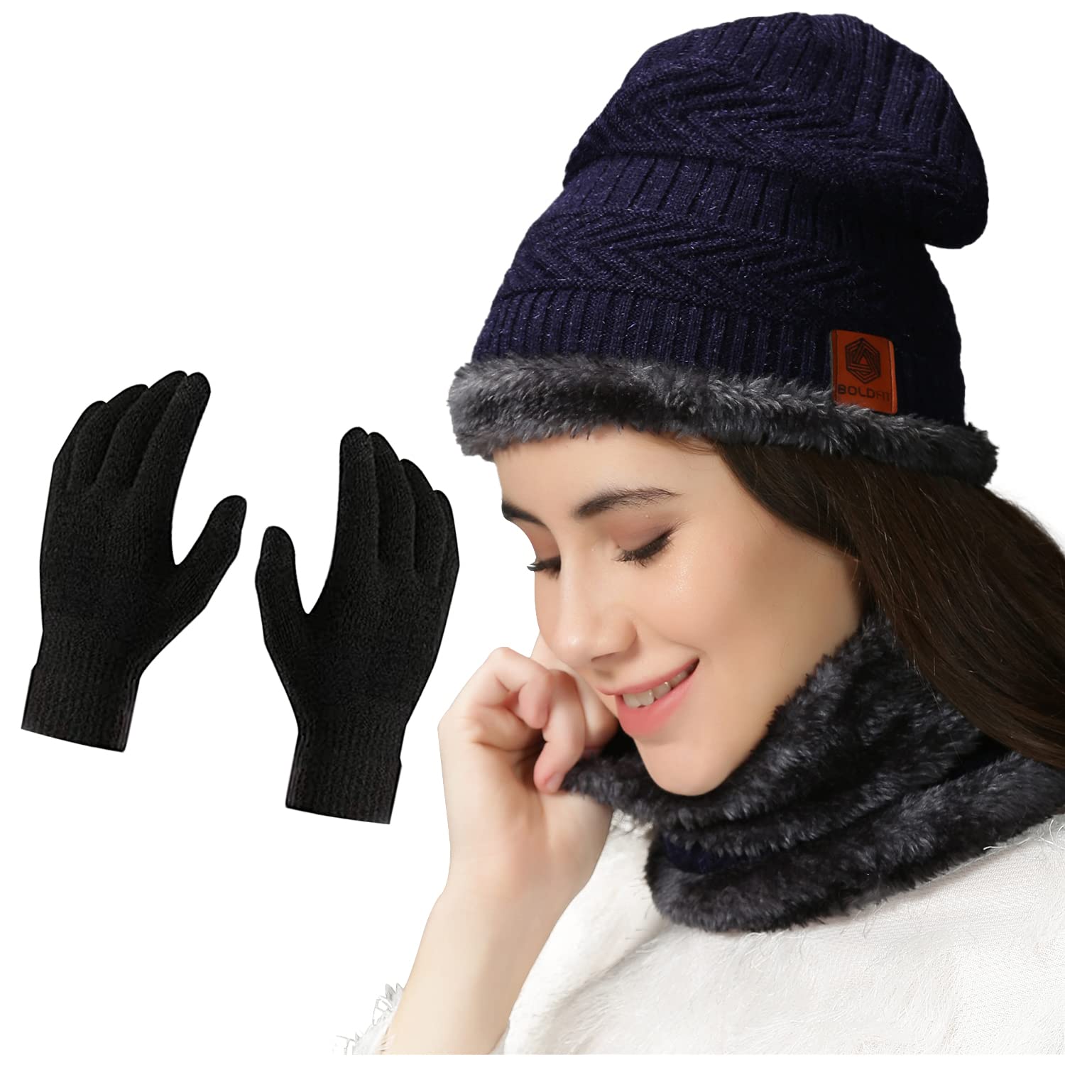 Winter Cap Set with Gloves - Blue Black