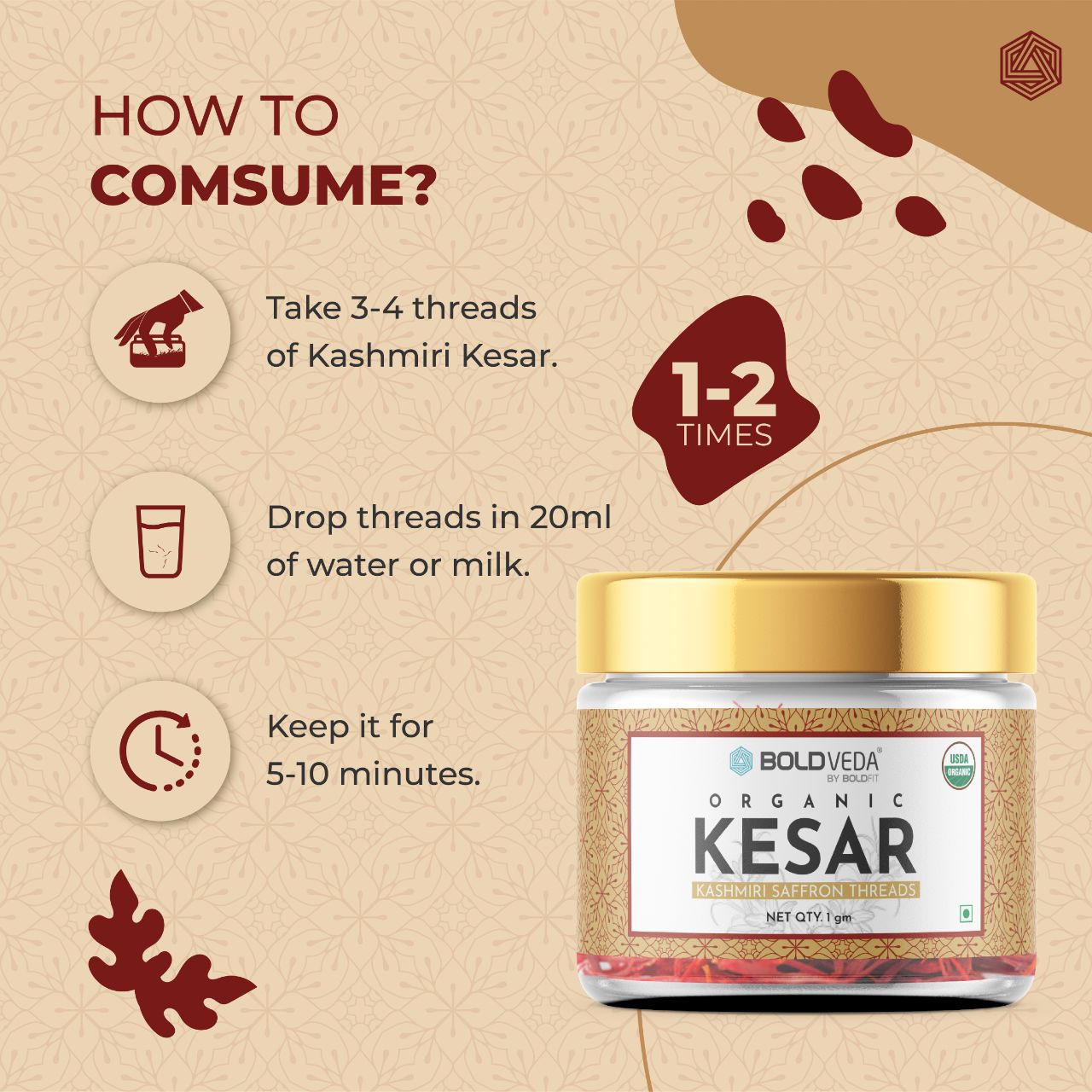 BOLDVEDA Organic Kashmiri Kesar - All-Red Finest Saffron Threads - 1gm